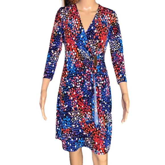 Calvin Klein Dresses & Skirts - Calvin Klein Blue Colorful Dot Print Ruched Faux Wrap Jersey Dress Sz 12 V Neck
